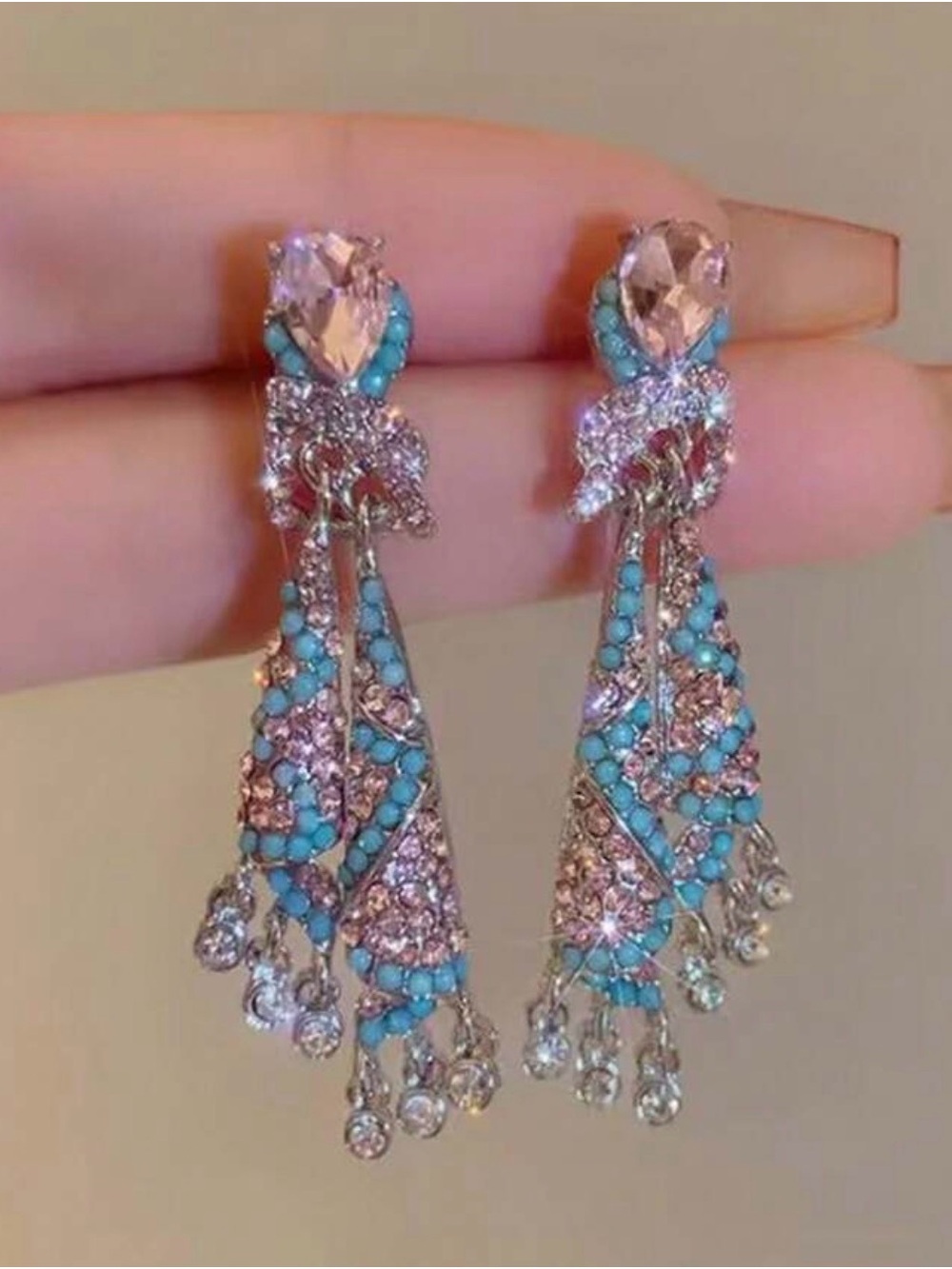 Elegant Turquoise & Pink Crystal Drop Earrings